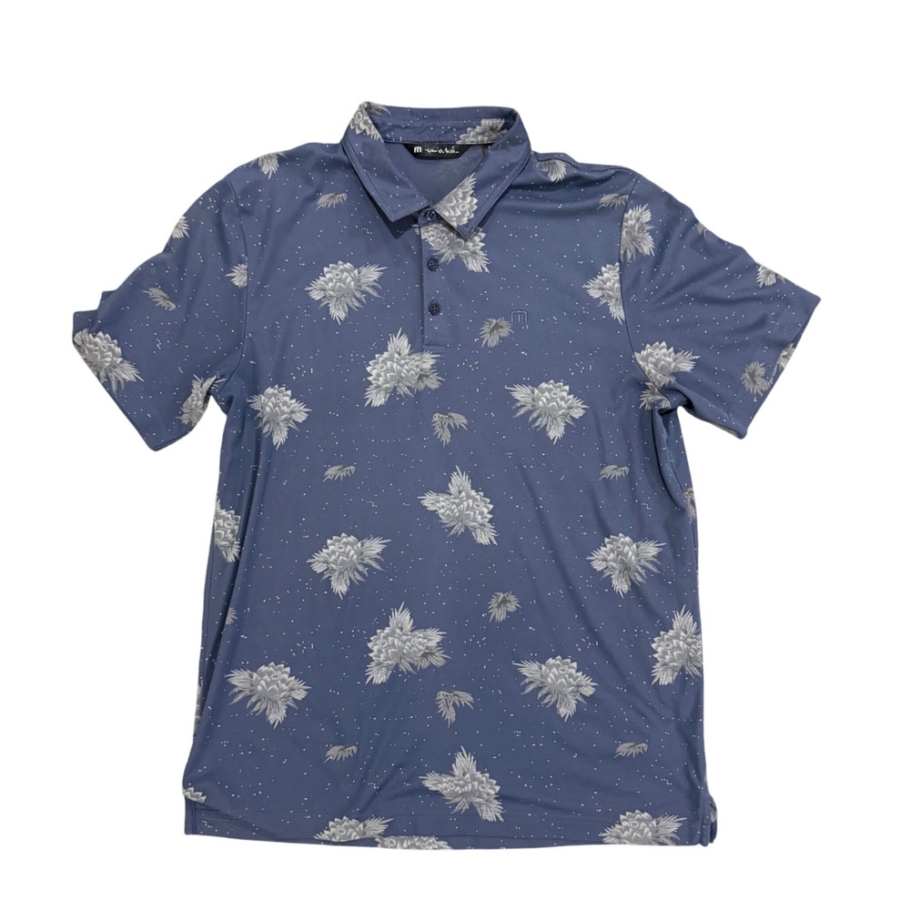 Travis Mathew Mens XL Blue Floral Performance Polo Shirt Short Sleeve Golf Top